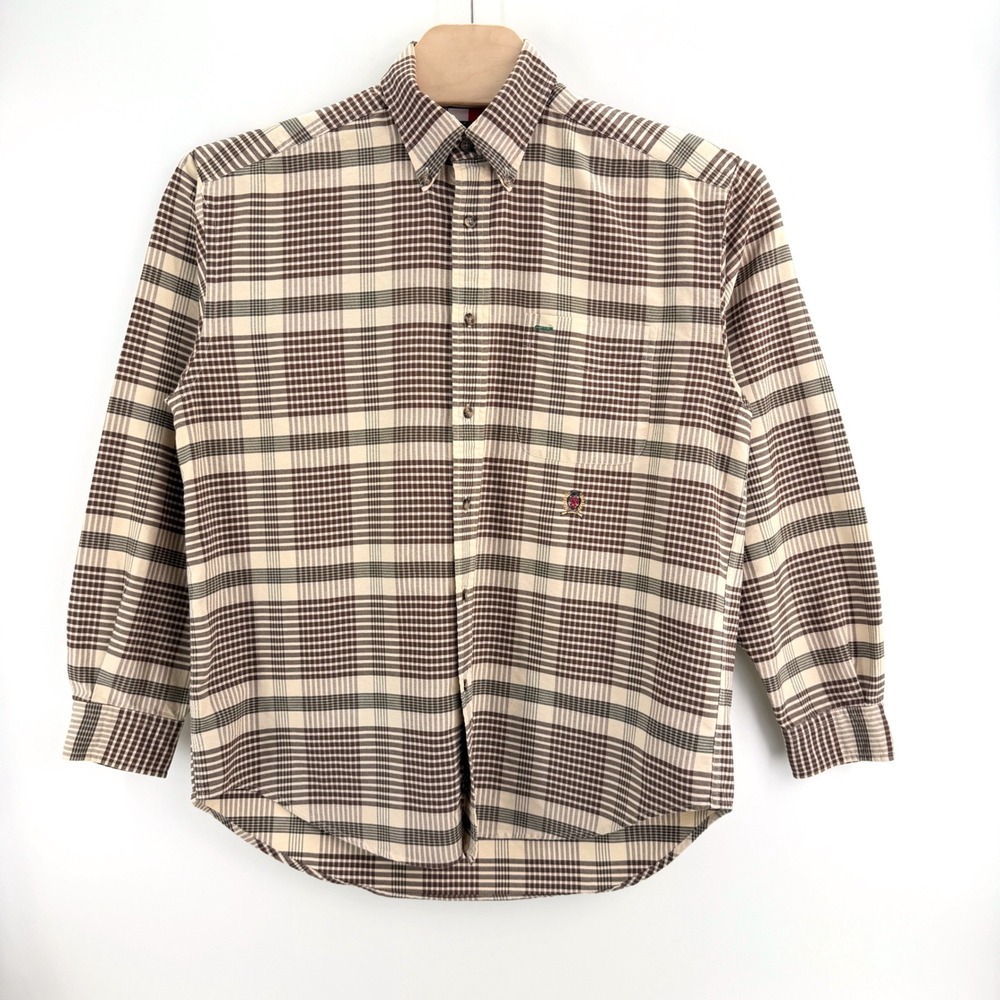Tommy Hilfiger Plaid Button Down Shirt Size M Cotton Tan Preppy 90s Vintage